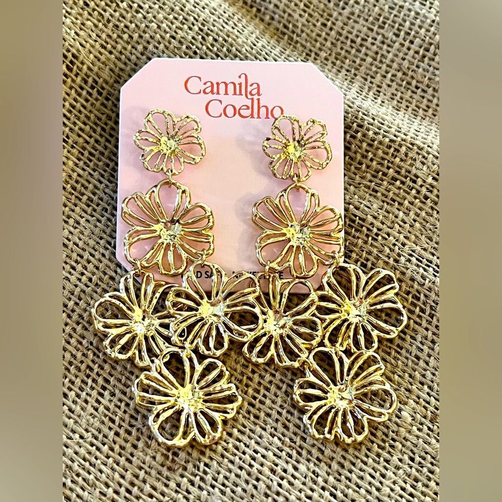 Earrings NWT by Camila Coelho, boutique brand, floral dangle drop, gold tone